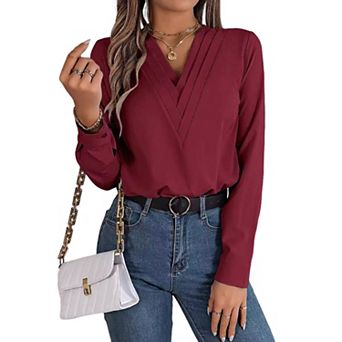 Long Sleeve Shirts for Women V Neck Tops Elegant Blouse Business Casual Tees