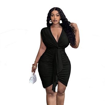 Women's Plus Size Deep V Neck Sleeveless Bodycon Ruched Twist Front Short Dress