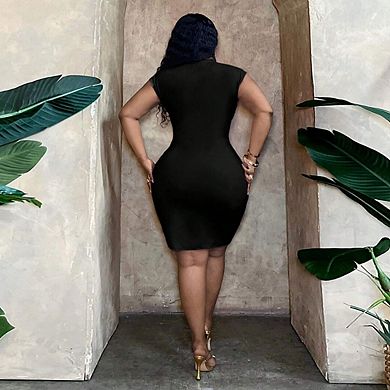 Women's Plus Size Deep V Neck Sleeveless Bodycon Ruched Twist Front Short Dress