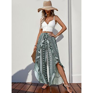 Womens Casual Beach Boho Flowy Palazzo Slit Wide Leg Pants