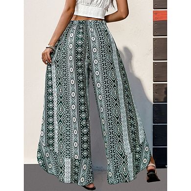 Womens Casual Beach Boho Flowy Palazzo Slit Wide Leg Pants