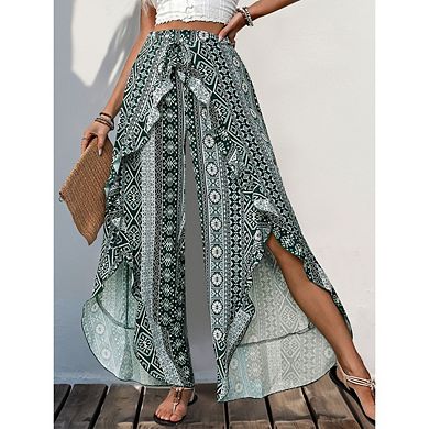 Womens Casual Beach Boho Flowy Palazzo Slit Wide Leg Pants