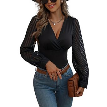Womens Long Sleeve Shirts Fashion V Neck Wrap Top Elegant Business Casual Blouse