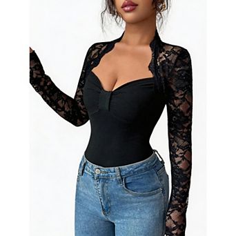 Womens Lace Long Sleeve Top Mesh Floral Shirts Fitted Blouse V Neck Basic Tops for Party Clubwear