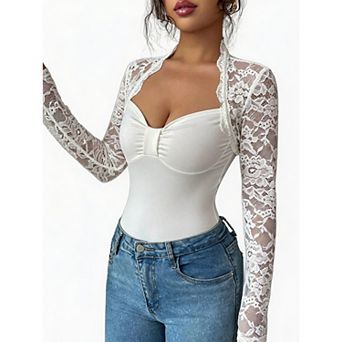 Womens Lace Long Sleeve Top Mesh Floral Shirts Fitted Blouse V Neck Basic Tops for Party Clubwear