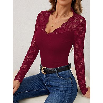Long Sleeve Shirts for Women V Neck Top Ribbed Patchwork Lace Fitted Blouse Basic Tees