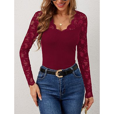 Long Sleeve Shirts for Women V Neck Top Ribbed Patchwork Lace Fitted Blouse Basic Tees