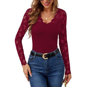 Long Sleeve Shirts for Women V Neck Top Ribbed Patchwork Lace Fitted Blouse Basic Tees