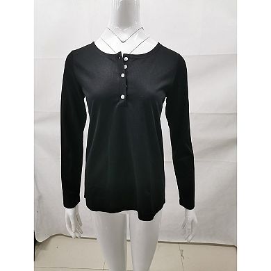 Long Sleeve Shirts for Womens Ribbed Basic Top Fashion Button Down Neck Fitted Blouse