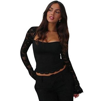 Long Sleeve Shirts for Women Party Clubwear Fashion Patchwork Lace Tops Trendy Basic Shirts