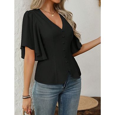 Women's V Neck Flutter Sleeve Peplum Blouse Button Detail Casual Top