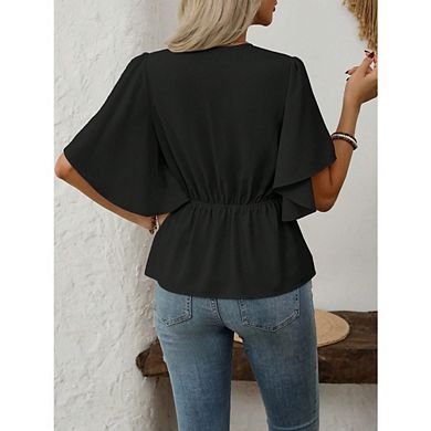 Women's V Neck Flutter Sleeve Peplum Blouse Button Detail Casual Top