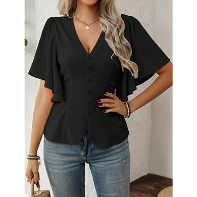 Women's V Neck Flutter Sleeve Peplum Blouse Button Detail Casual Top