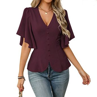 Women's V Neck Flutter Sleeve Peplum Blouse Button Detail Casual Top
