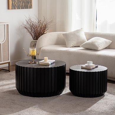 Fluted Round Nesting Accent Table Set with Fully Assembled Design for Living Room