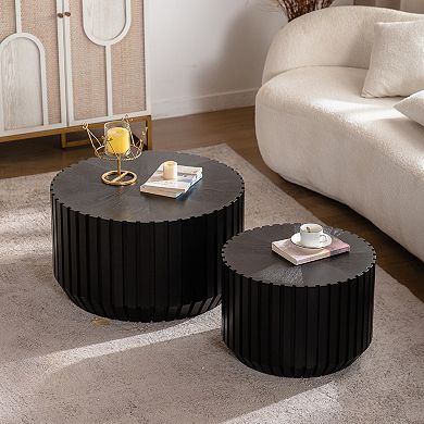 Fluted Round Nesting Accent Table Set with Fully Assembled Design for Living Room