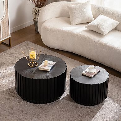 Fluted Round Nesting Accent Table Set with Fully Assembled Design for Living Room