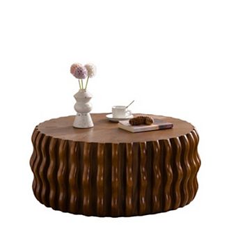 Large Ribbed Wave Round Drum Coffee Table for Living Room and Apartment Use