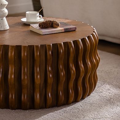 Large Ribbed Wave Round Drum Coffee Table for Living Room and Apartment Use