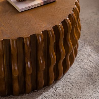 Large Ribbed Wave Round Drum Coffee Table for Living Room and Apartment Use