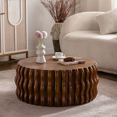 Large Ribbed Wave Round Drum Coffee Table for Living Room and Apartment Use