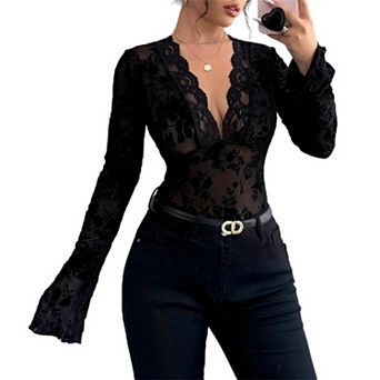 Mesh Long Sleeve Tops for Women Party Clubwear V Neck Sheer Blouse Basic Tops