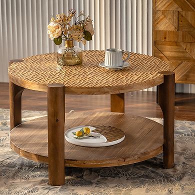 Two Tier Round Coffee Table with Storage Shelf for Small Apartment Spaces