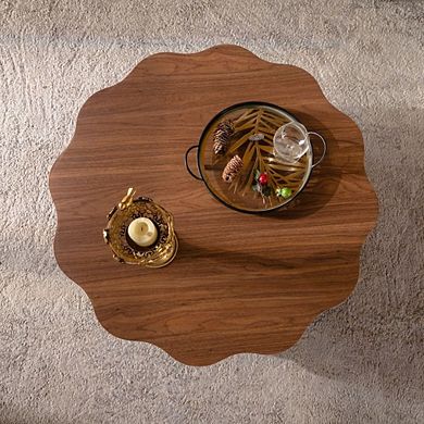 Scalloped Edge Round Coffee Table with Irregular Top for Living Room Lounging
