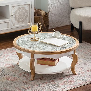 Two Tier Round Coffee Table with Tempered Glass Top for Open Storage Needs