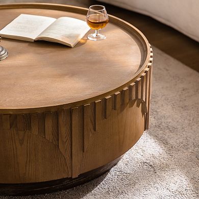 Fluted Round Coffee Table with Handcrafted Relief Detail for Living Room Use