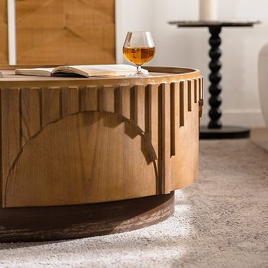 Fluted Round Coffee Table with Handcrafted Relief Detail for Living Room Use