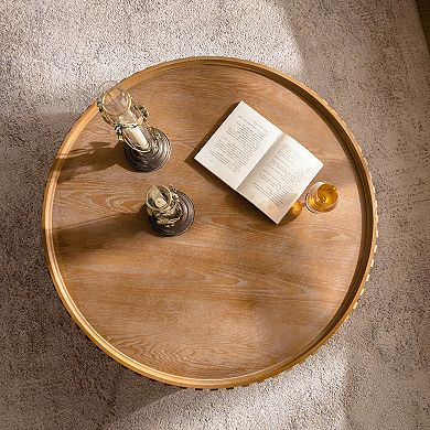 Fluted Round Coffee Table with Handcrafted Relief Detail for Living Room Use