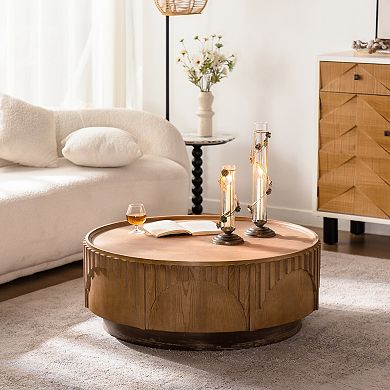 Fluted Round Coffee Table with Handcrafted Relief Detail for Living Room Use