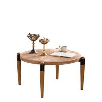 Radial Grain Round Coffee Table with Black Metal Legs for Living Room Accent