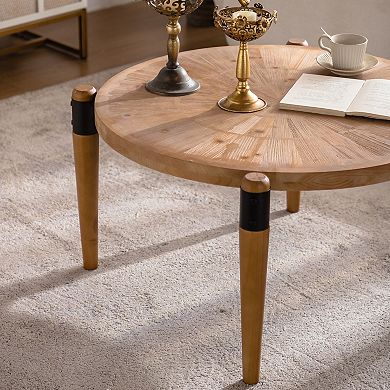 Radial Grain Round Coffee Table with Black Metal Legs for Living Room Accent