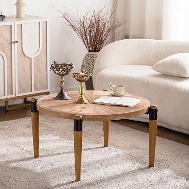 Radial Grain Round Coffee Table with Black Metal Legs for Living Room Accent