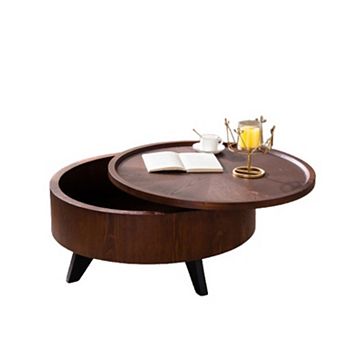 Round Coffee Table with Hidden Storage Compartment for Wood Living Room Decor