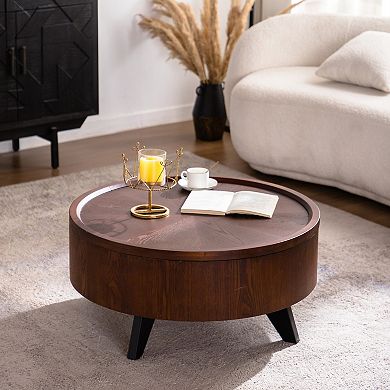 Round Coffee Table with Hidden Storage Compartment for Wood Living Room Decor