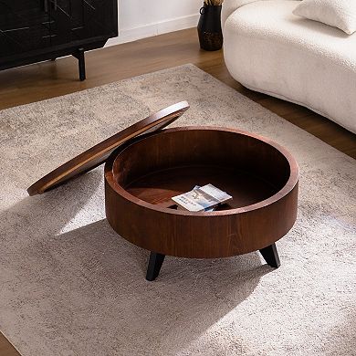 Round Coffee Table with Hidden Storage Compartment for Wood Living Room Decor