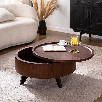 Round Coffee Table with Hidden Storage Compartment for Wood Living Room Decor