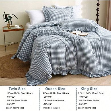 Ruffle Plaid 3 Piece Duvet Cover Set, Soft Washed Cotton, Rustic Country Design