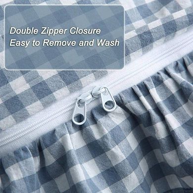 Ruffle Plaid 3 Piece Duvet Cover Set, Soft Washed Cotton, Rustic Country Design