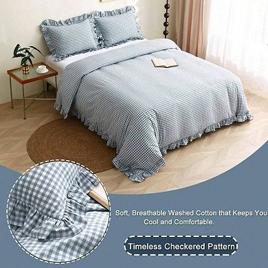 Ruffle Plaid 3 Piece Duvet Cover Set, Soft Washed Cotton, Rustic Country Design