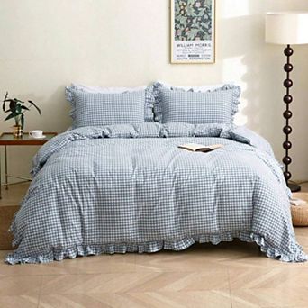Ruffle Plaid 3 pc Duvet Cover Set, Soft Washed Cotton, Rustic Country Design