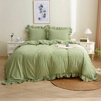 Ruffle Plaid 3 pc Duvet Cover Set, Soft Washed Cotton, Rustic Country Design