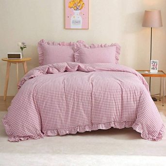 Ruffle Plaid 3 pc Duvet Cover Set, Soft Washed Cotton, Rustic Country Design