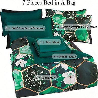 Floral Geometric Hexagon Bedding Set: 7 Pieces, Microfiber, All Seasons