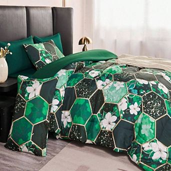 Floral Geometric Hexagon Bedding Set: 7 Pieces, Microfiber, All Seasons