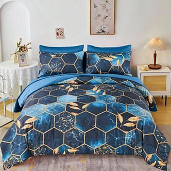 Floral Geometric Hexagon Bedding Set: 7 Pieces, Microfiber, All Seasons