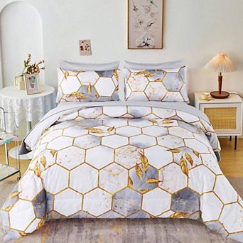 Floral Geometric Hexagon Bedding Set: 7 Pieces, Microfiber, All Seasons